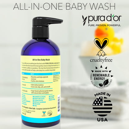 PURA D'OR 16 Oz All-in-One Calming Baby Wash & Shampoo - Tear-Free, Sulfate-Free, Aloe Vera