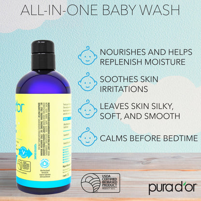 PURA D'OR 16 Oz All-in-One Calming Baby Wash & Shampoo - Tear-Free, Sulfate-Free, Aloe Vera