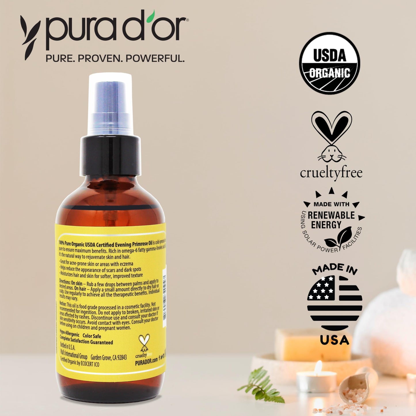 PURA D'OR Organic Evening Primrose Oil (4oz) – Pure Cold-Pressed, Essential Fatty Acids & Antioxidants for Skin, Hair & Face