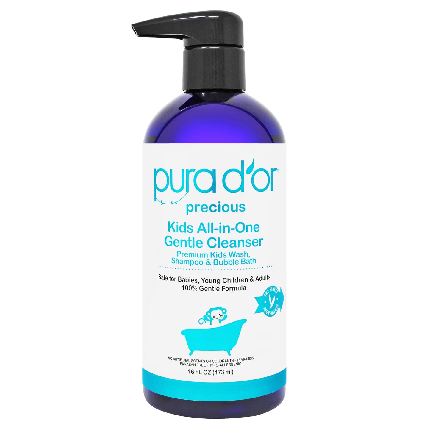 PURA D'OR 16 Oz Kids Wash - All-in-One Gentle Cleanser | Tear-Free, Hypoallergenic, Sulfate-Free