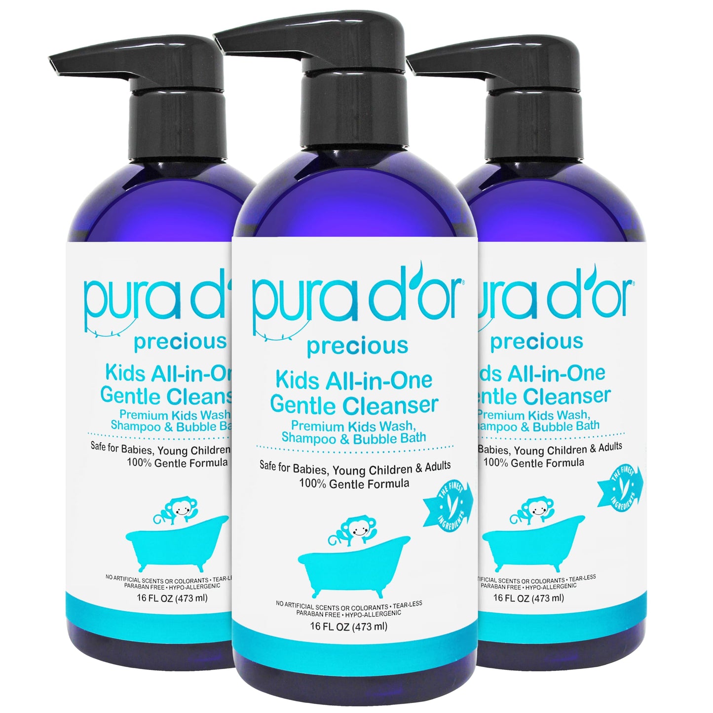 PURA D'OR Kids Wash All-in-One Gentle Cleanser - Tear-Free, Sulfate-Free, Hypoallergenic, 48oz