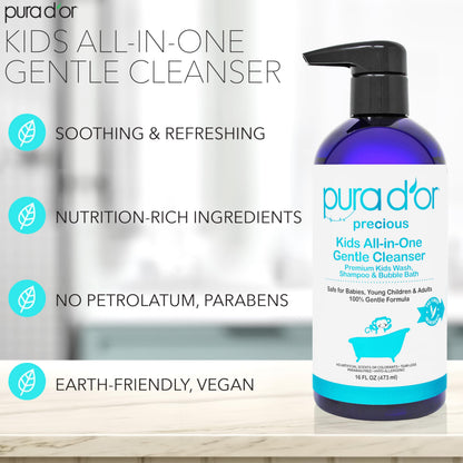 PURA D'OR Kids Wash All-in-One Gentle Cleanser - Tear-Free, Sulfate-Free, Hypoallergenic, 48oz