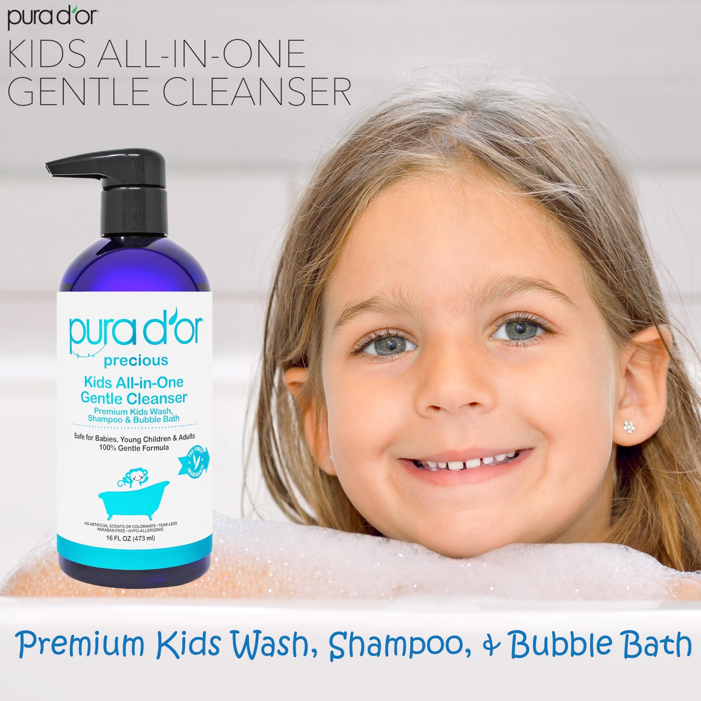 PURA D'OR 16 Oz Kids Wash - All-in-One Gentle Cleanser | Tear-Free, Hypoallergenic, Sulfate-Free
