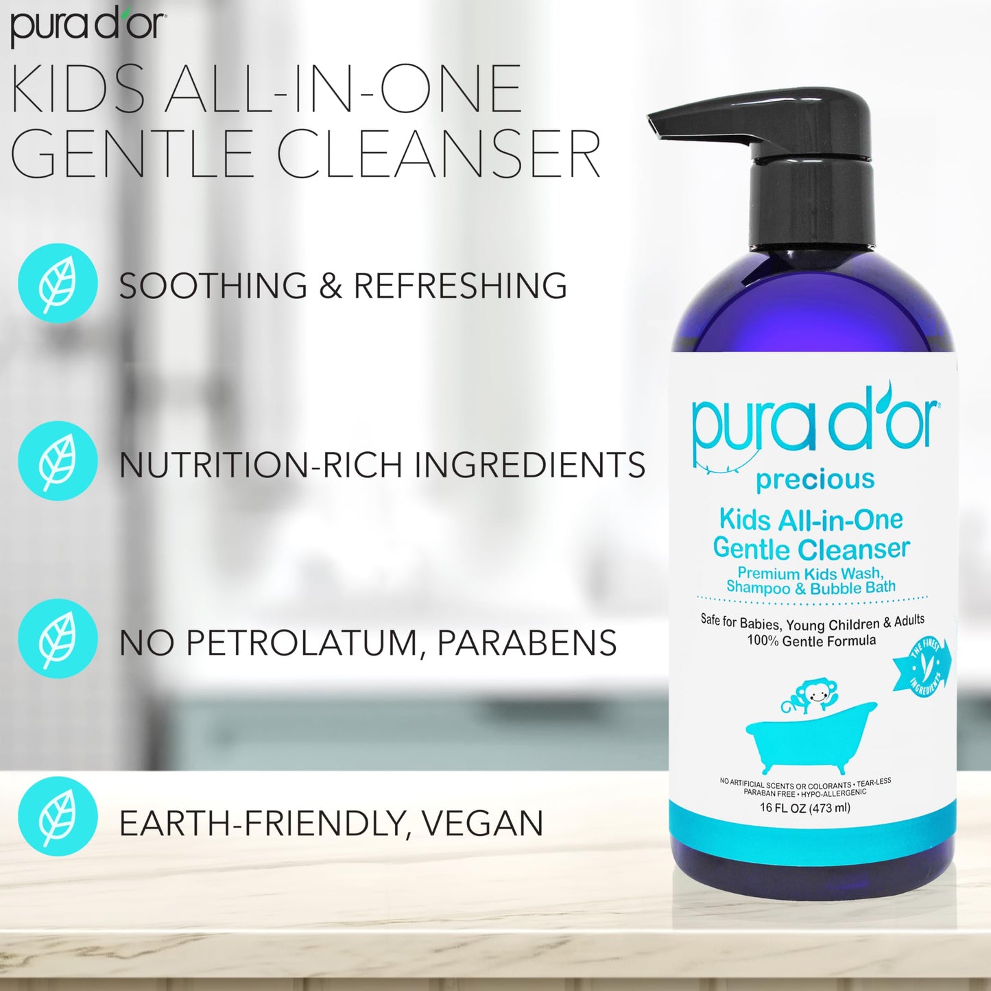 PURA D'OR 16 Oz Kids Wash - All-in-One Gentle Cleanser | Tear-Free, Hypoallergenic, Sulfate-Free