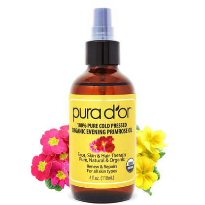 PURA D'OR Organic Evening Primrose Oil (4oz) – Pure Cold-Pressed, Essential Fatty Acids & Antioxidants for Skin, Hair & Face