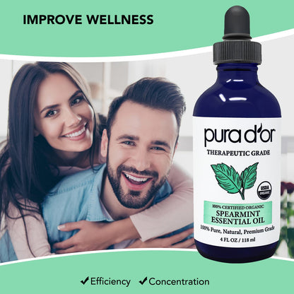 PURA D'OR Spearmint Essential Oil (4oz) - Therapeutic Grade, Diffuser & Aromatherapy