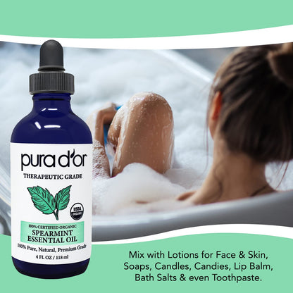 PURA D'OR Spearmint Essential Oil (4oz) - Therapeutic Grade, Diffuser & Aromatherapy
