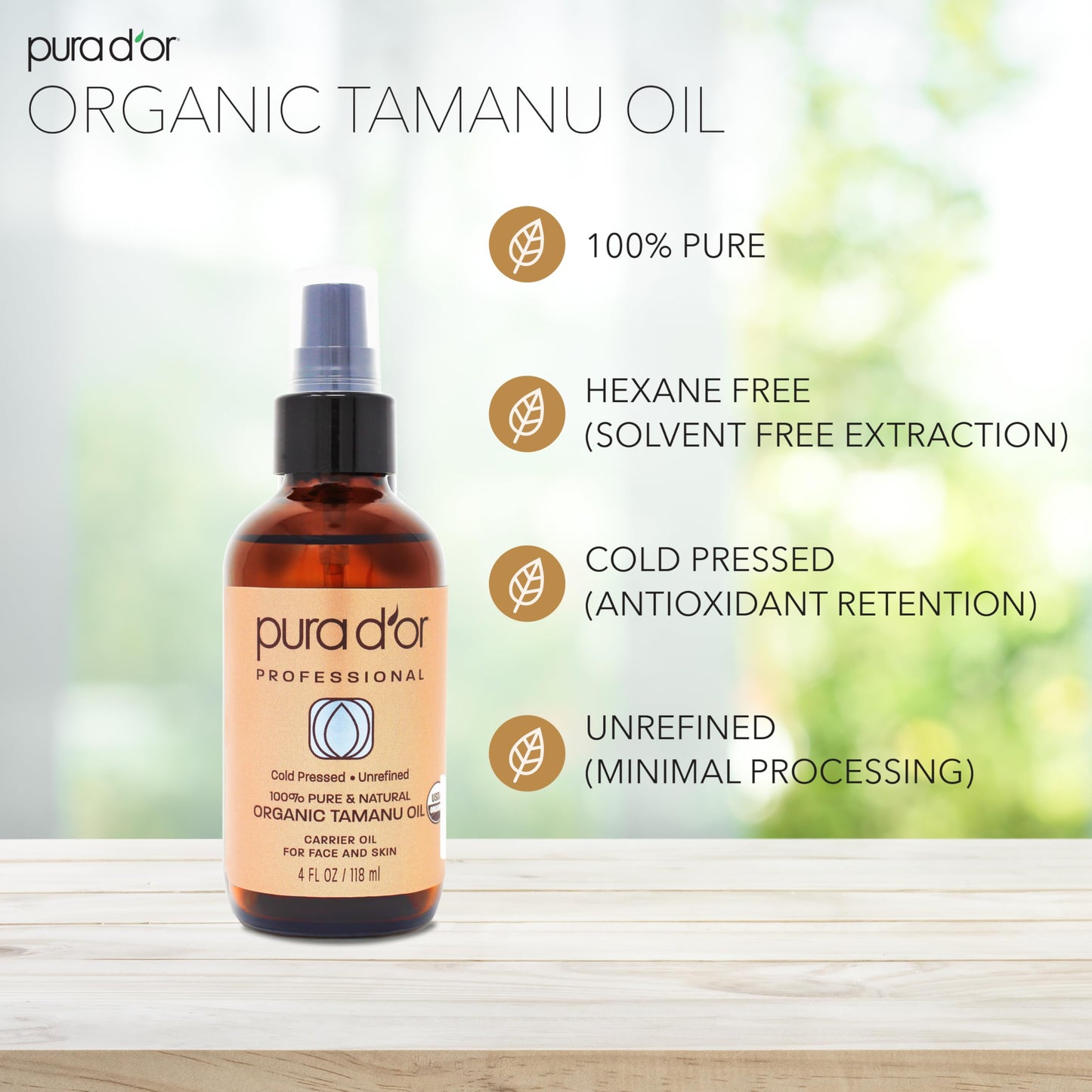 PURA D'OR 4 oz Organic Tamanu Oil – USDA Certified 100% Pure & Natural, Cold-Pressed