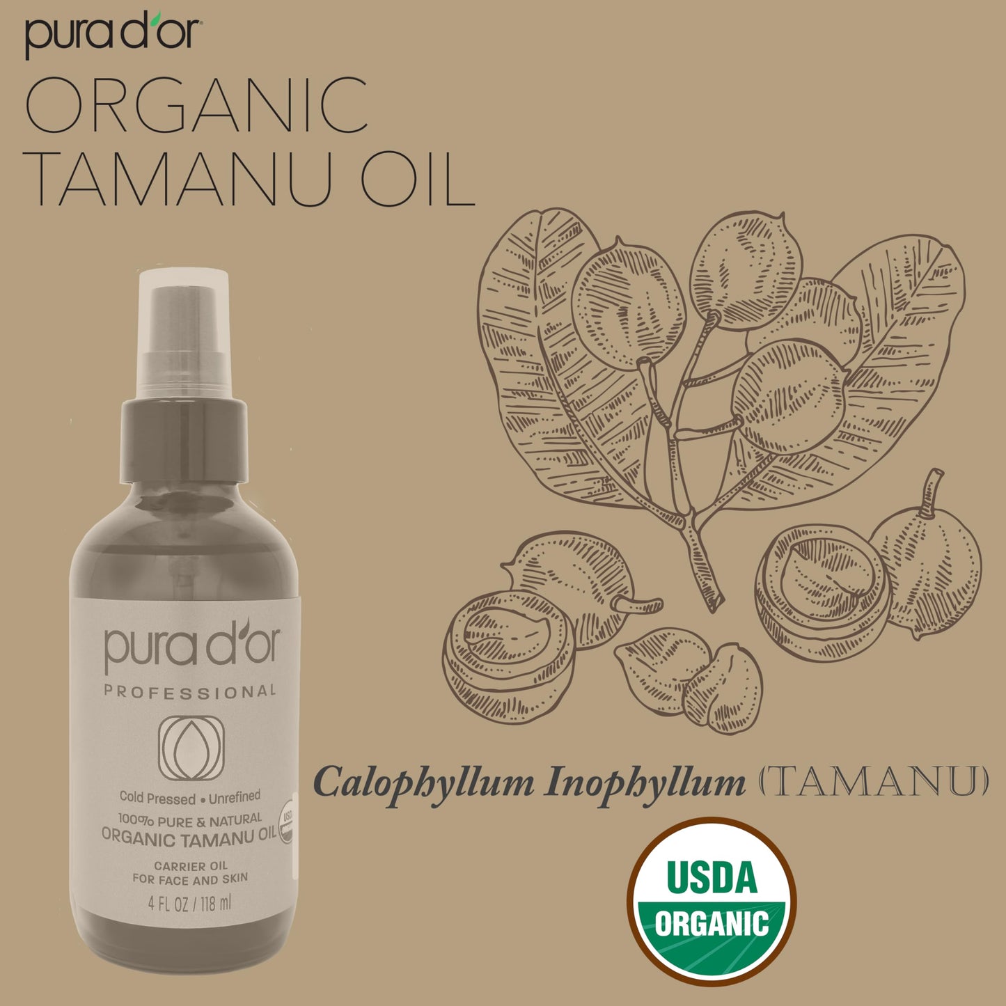 PURA D'OR 4 oz Organic Tamanu Oil – USDA Certified 100% Pure & Natural, Cold-Pressed