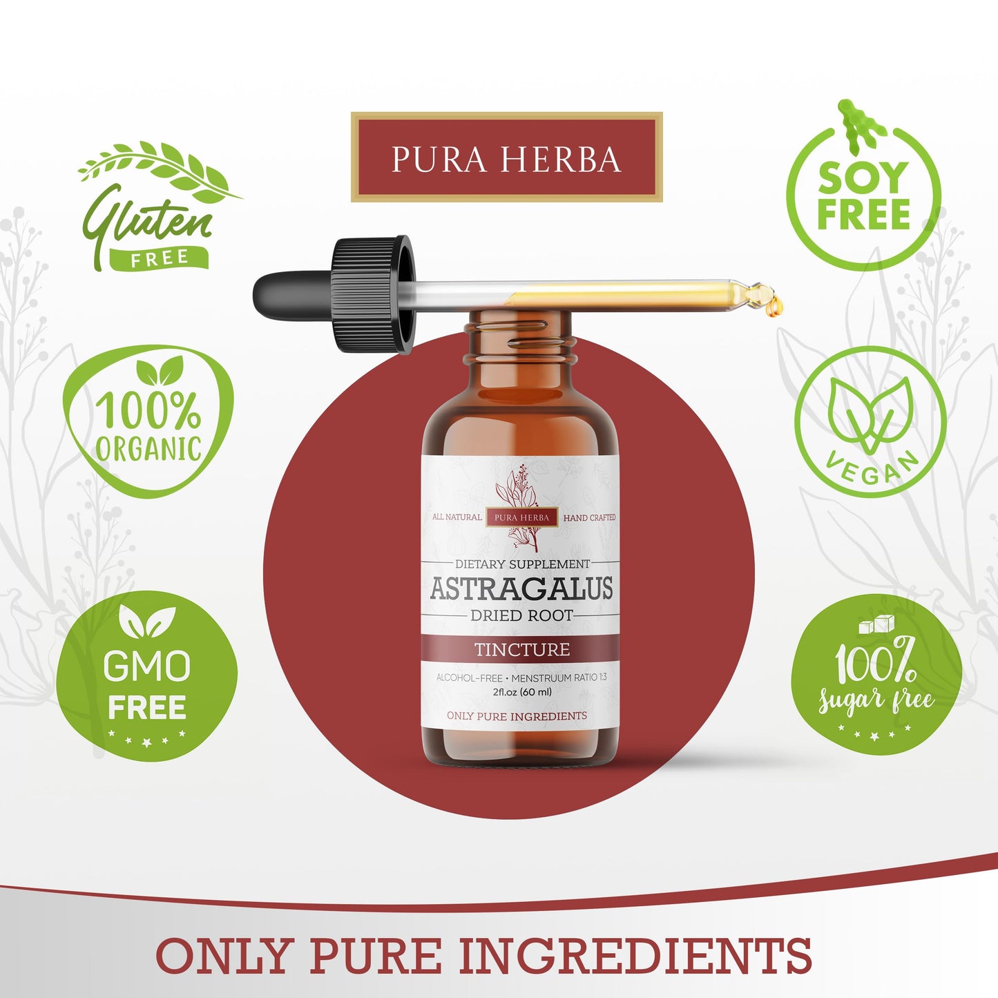Pura Herba Organic Astragalus Tincture - Premium Immune Support | Alcohol-Free, Sugar-Free, Vegan | Made in USA | 2 Fl Oz