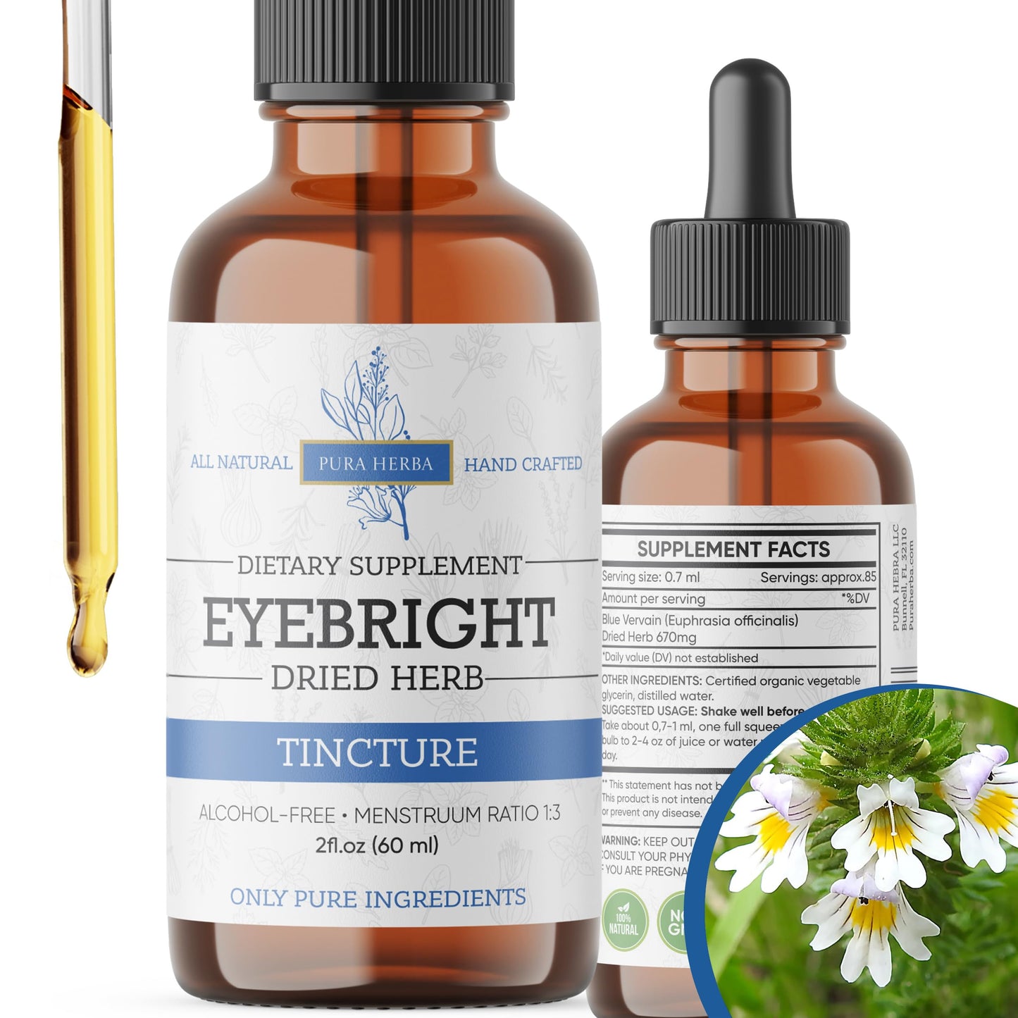Pura Herba Eyebright Herb 2 Fl Oz Extract | Eyebright Drops Tincture - Alcohol Free, Vegan
