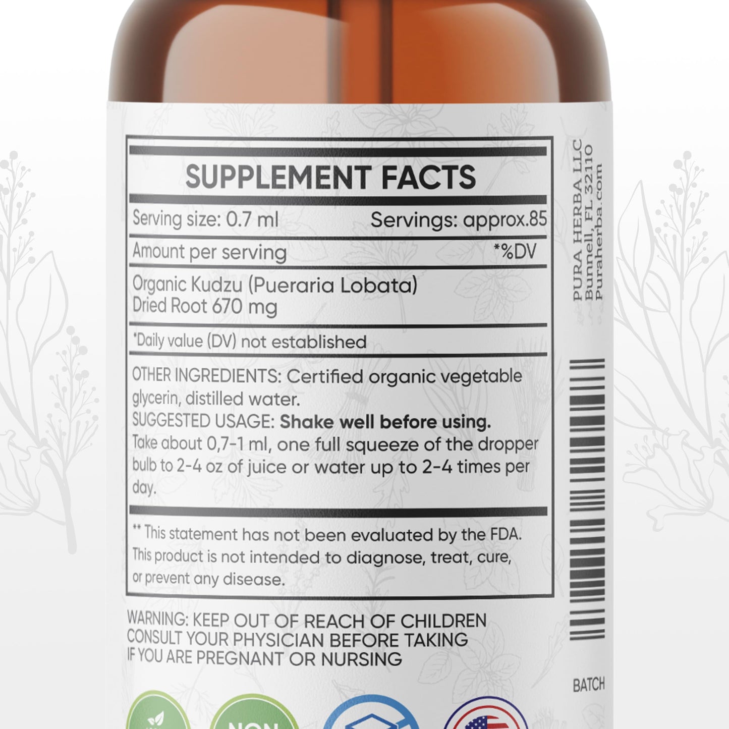 Pura Herba Organic Kudzu Root Extract – Alcohol-Free, Vegan, Non-GMO, Made in USA – 2 Fl Oz