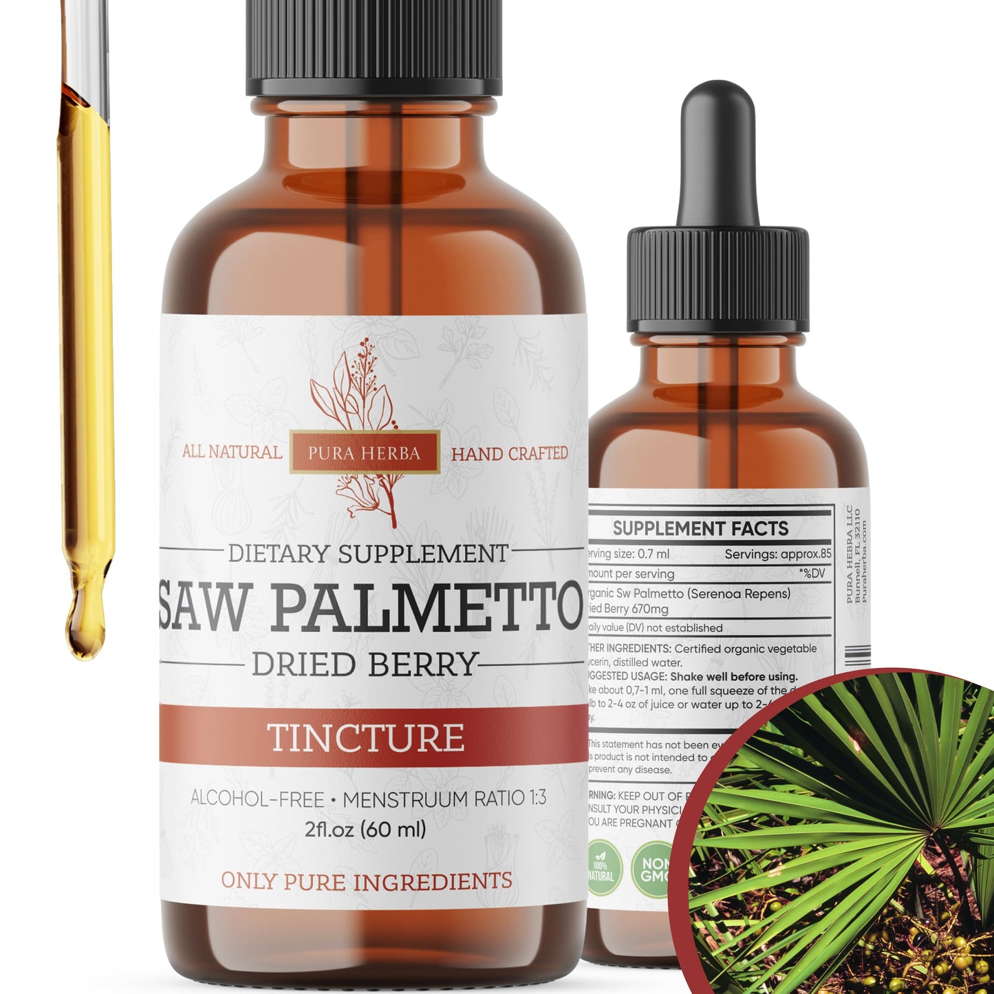 Pura Herba Saw Palmetto Tincture - Alcohol-Free Herbal Extract | 2 oz (60 ml) | Made in USA
