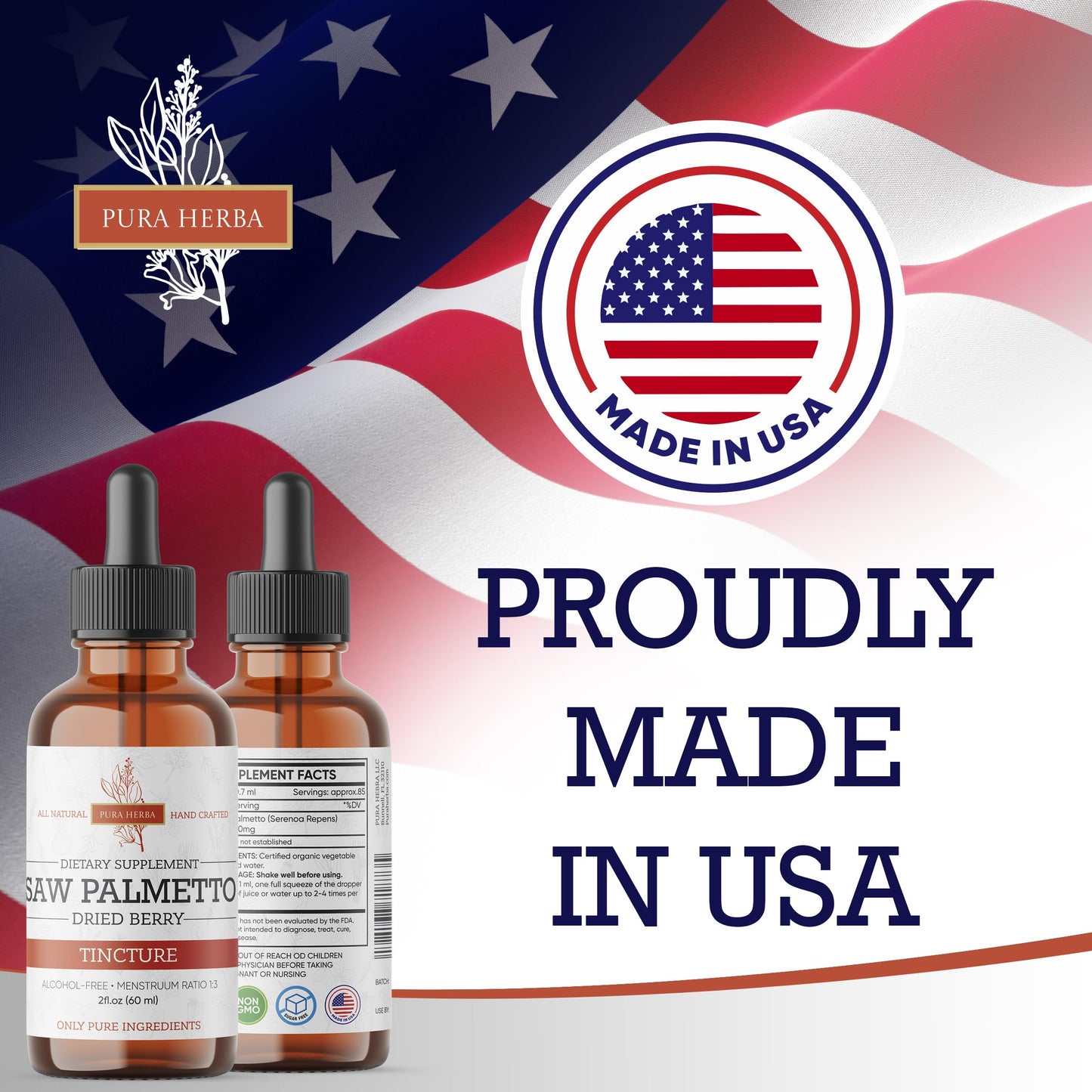 Pura Herba Saw Palmetto Tincture - Alcohol-Free Herbal Extract | 2 oz (60 ml) | Made in USA