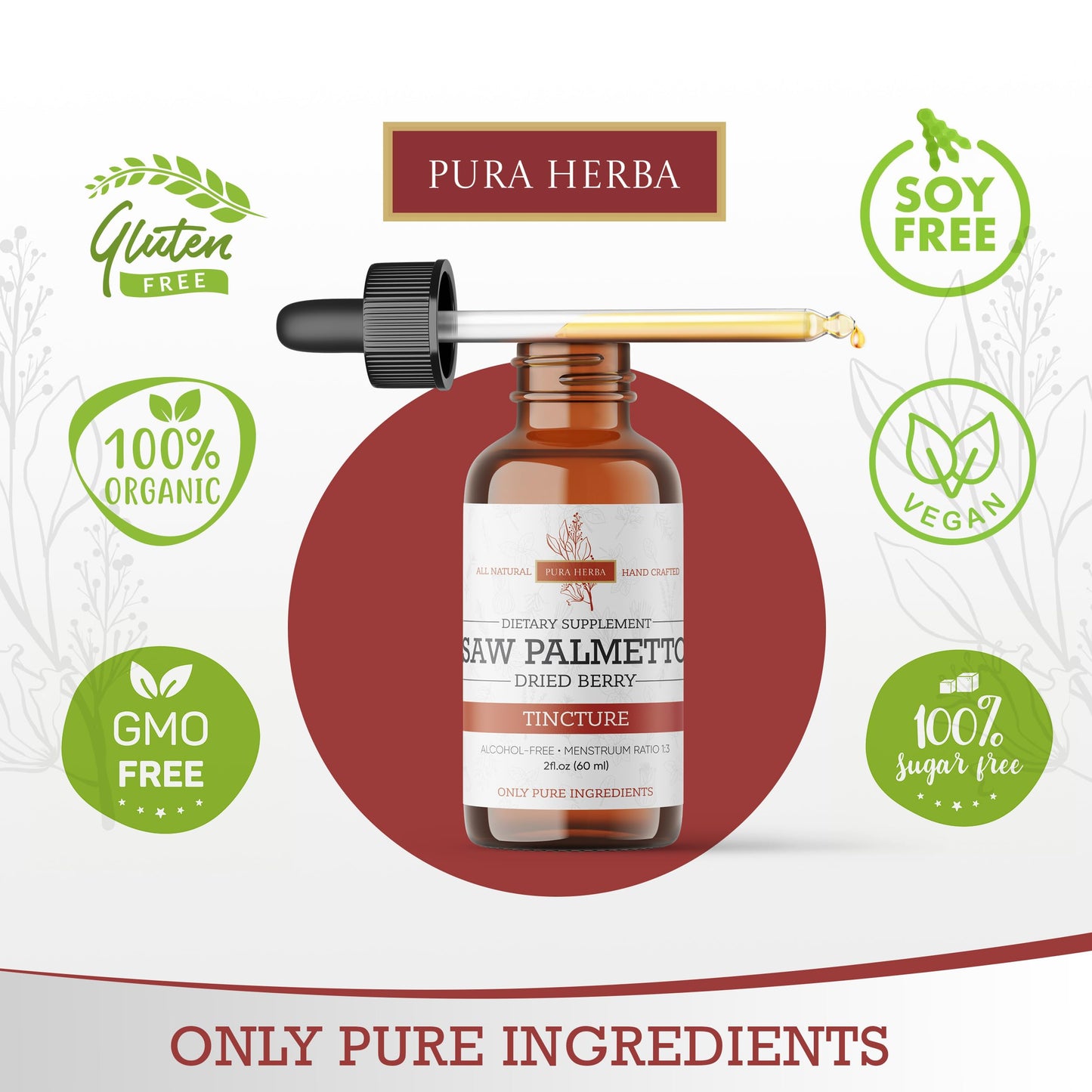Pura Herba Saw Palmetto Tincture - Alcohol-Free Herbal Extract | 2 oz (60 ml) | Made in USA