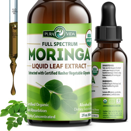 PURA VIDA Moringa Liquid Drops - USDA Organic, Bioavailable Extract