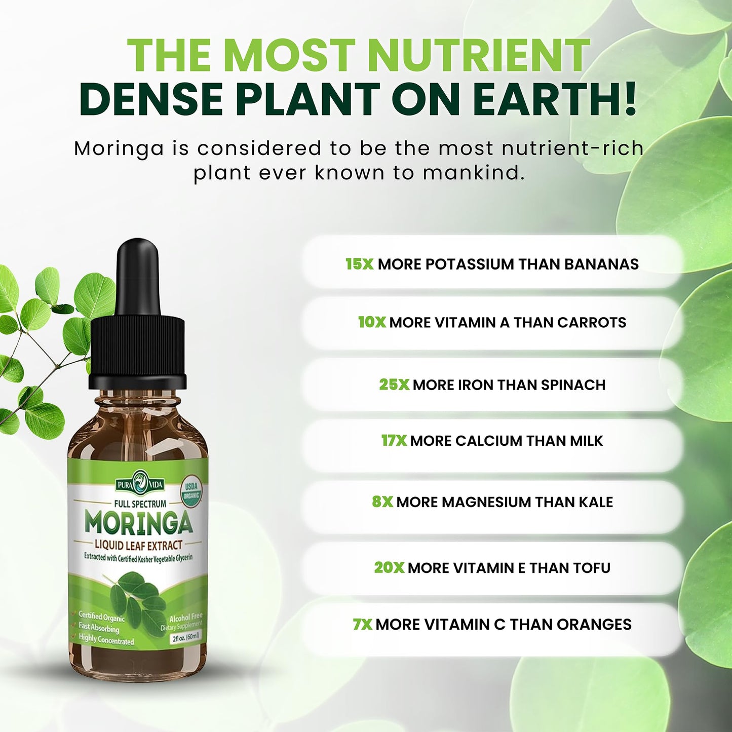 PURA VIDA Moringa Liquid Drops - USDA Organic, Bioavailable Extract