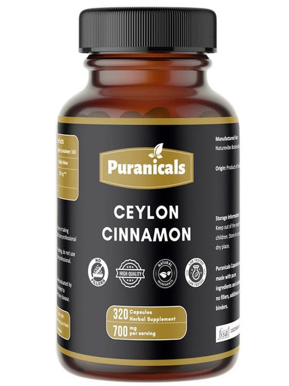 Puranicals Ceylon Cinnamon Premium 320 Capsules – 700 mg per Serving, Non-GMO, Gluten Free | Herbal Supplement