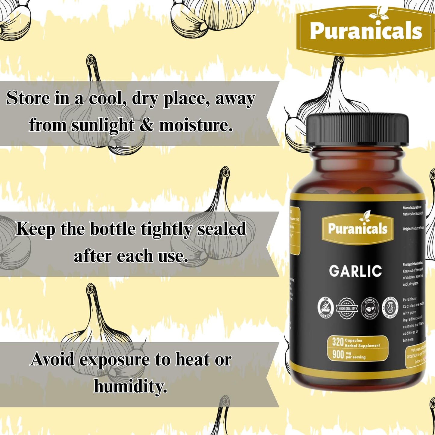 Puranicals Garlic Premium 320 Capsules – Non-GMO, Gluten Free | 900 mg/serving