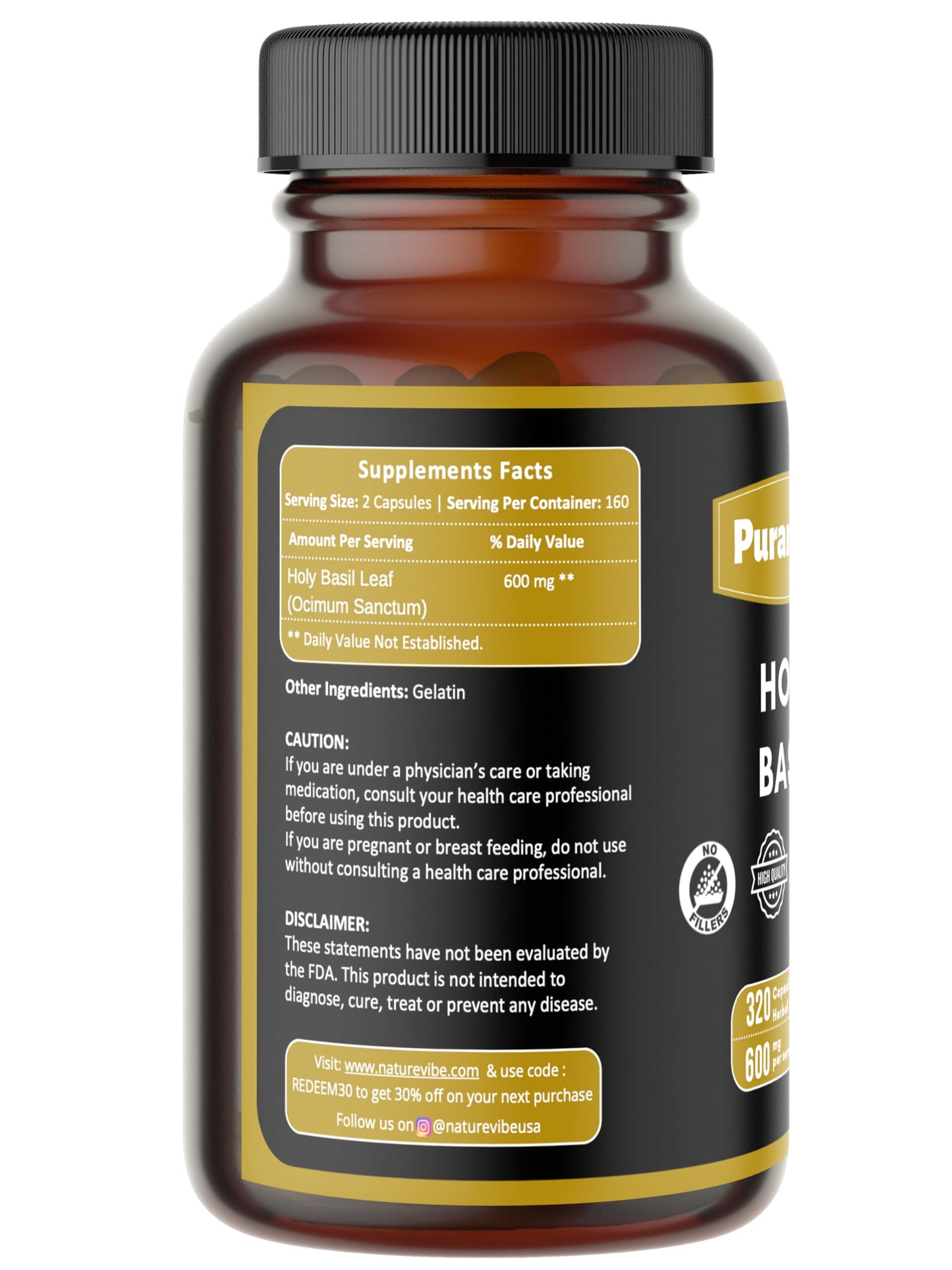 Puranicals Holy Basil Premium 320 Capsules – 600 mg per Serving | Non-GMO, Gluten-Free
