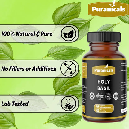 Puranicals Holy Basil Premium 320 Capsules – 600 mg per Serving | Non-GMO, Gluten-Free