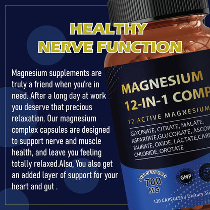 Puravita Magnesium Complex 700mg 12-in-1 | Easy Absorption | Vegan & Non-GMO | 120 Capsules