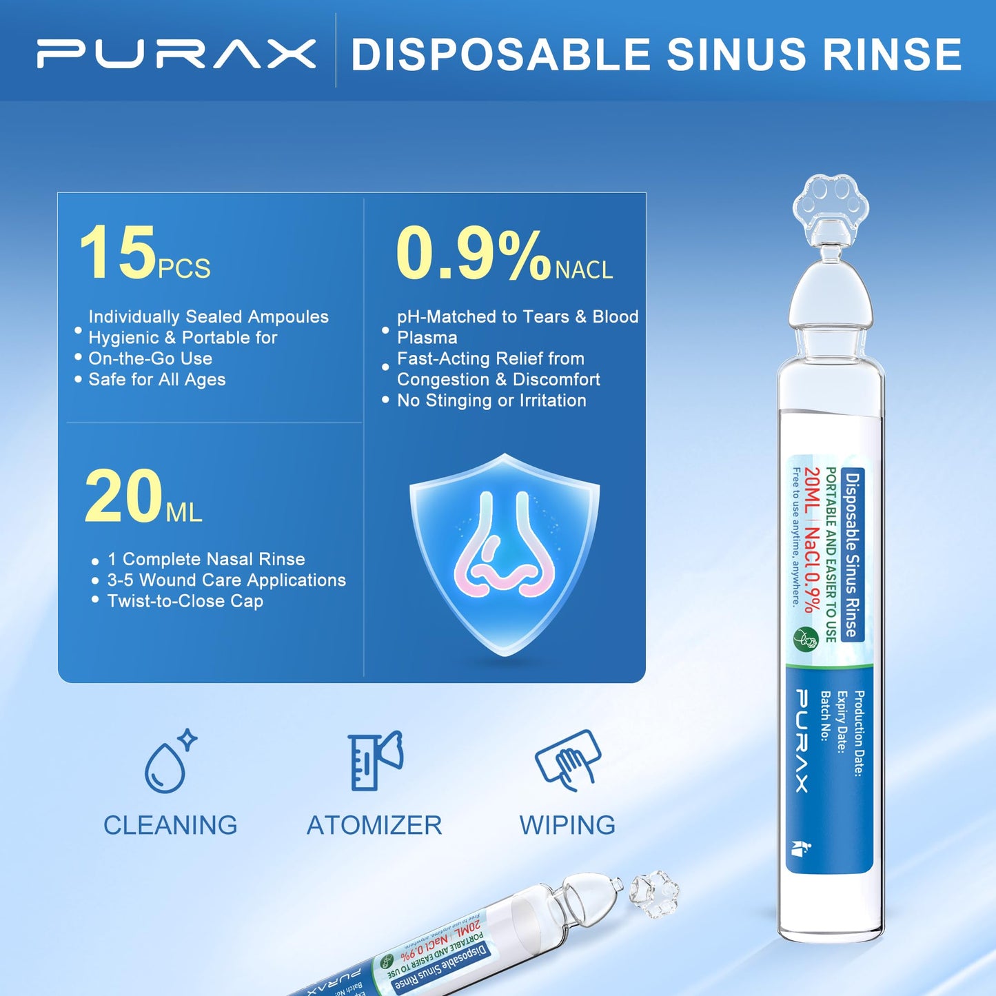 PURAX Saline Solution 0.9% | Pre-Mixed Nasal Rinse, 15x20ml Ampoules