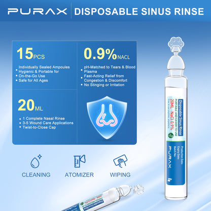 PURAX Saline Solution 0.9% | Pre-Mixed Nasal Rinse, 15x20ml Ampoules