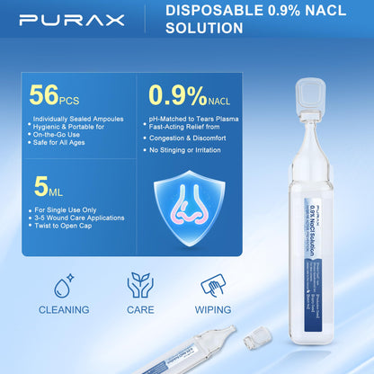 PURAX Saline Solution 0.9% | Isotonic Nasal Cleanse, Eye Care & Wound Cleansing (56 x 5ml)