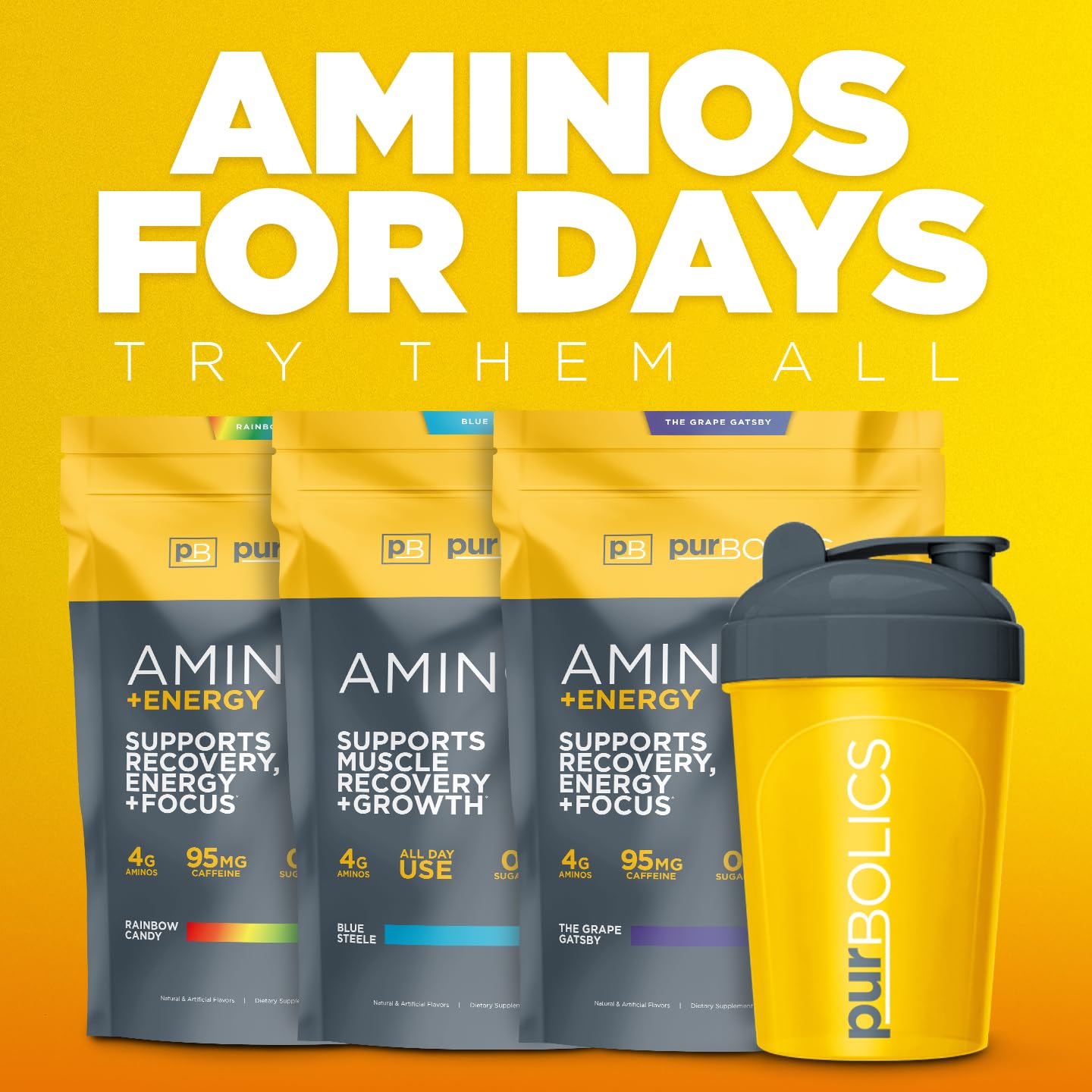 Purbolics Aminos Sour Rainbow Candy – 4g Free-Form Aminos, 0 Sugar, 60 Servings