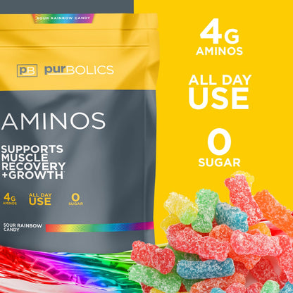 Purbolics Aminos Sour Rainbow Candy – 4g Free-Form Aminos, 0 Sugar, 60 Servings
