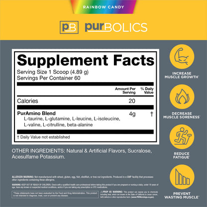 Purbolics Aminos Rainbow Candy – 4g Free-Form Amino Acids, Beta-Alanine, 0 Calories, 60 Servings
