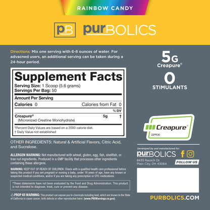 Purbolics Creapure Creatine Monohydrate 5g Micronized – Rainbow Candy (50 Servings)