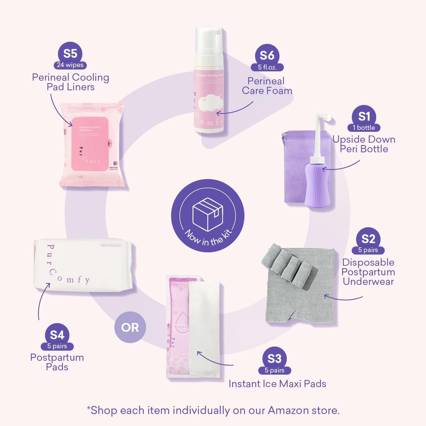 PurComfy 18-Piece Postpartum Essentials Recovery Kit | Peri Bottle, Disposable Underwear & More