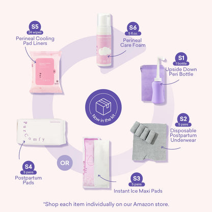 PurComfy 18-Piece Postpartum Essentials Recovery Kit | Peri Bottle, Disposable Underwear & More