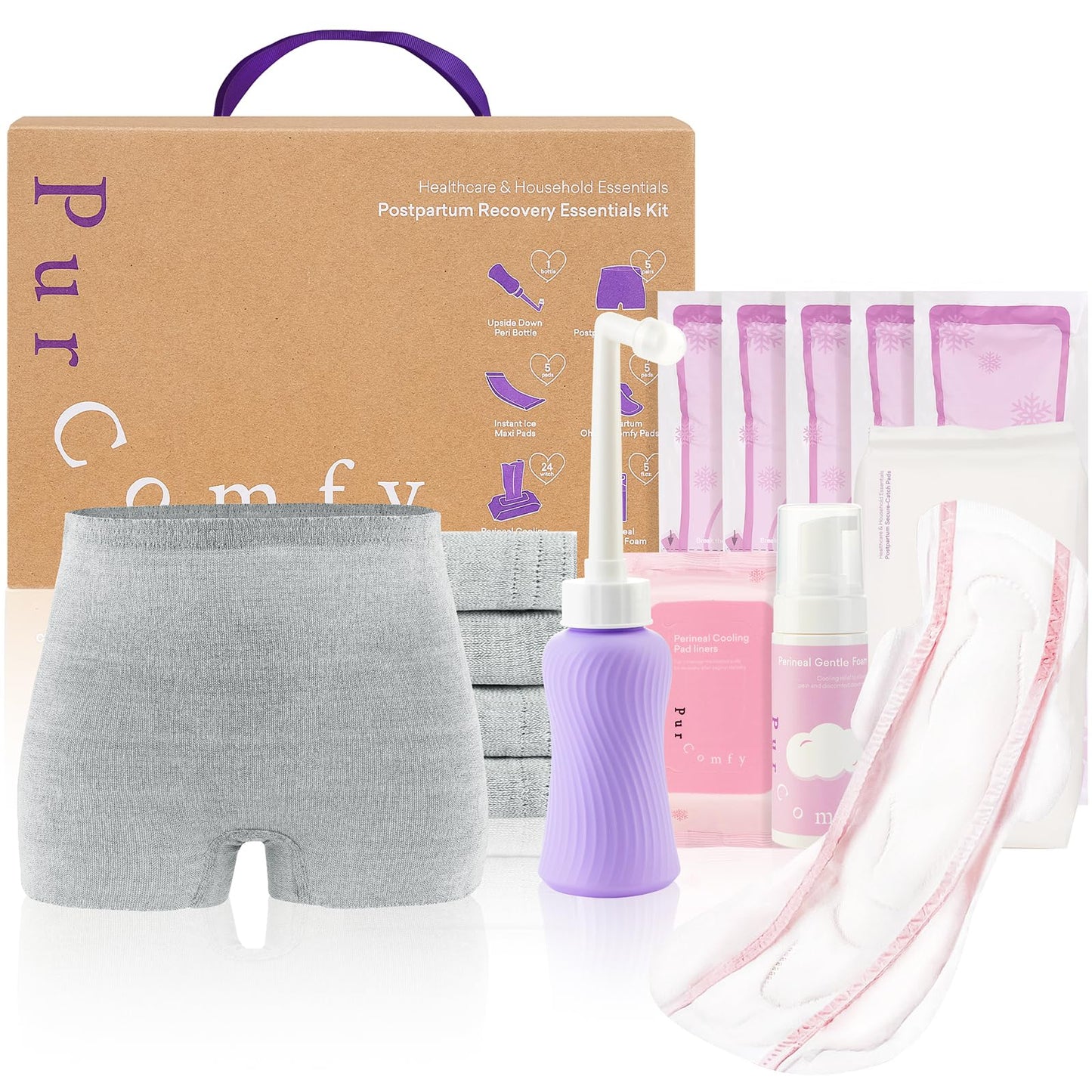 PurComfy 18-Piece Postpartum Essentials Recovery Kit | Peri Bottle, Disposable Underwear & More