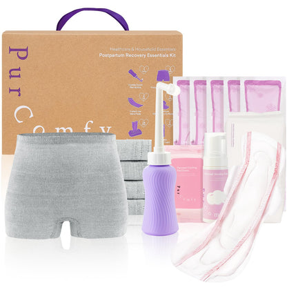 PurComfy 18-Piece Postpartum Essentials Recovery Kit | Peri Bottle, Disposable Underwear & More