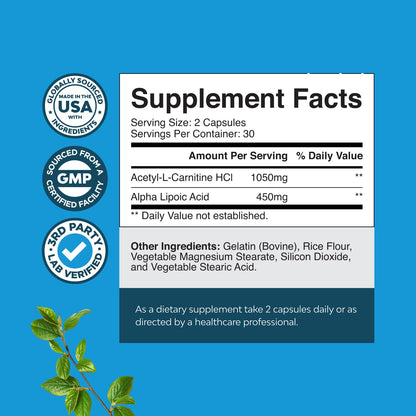 Alpha Lipoic Acid + Acetyl-L-Carnitine Supplement – Memory, Energy & Metabolism (60 Capsules)