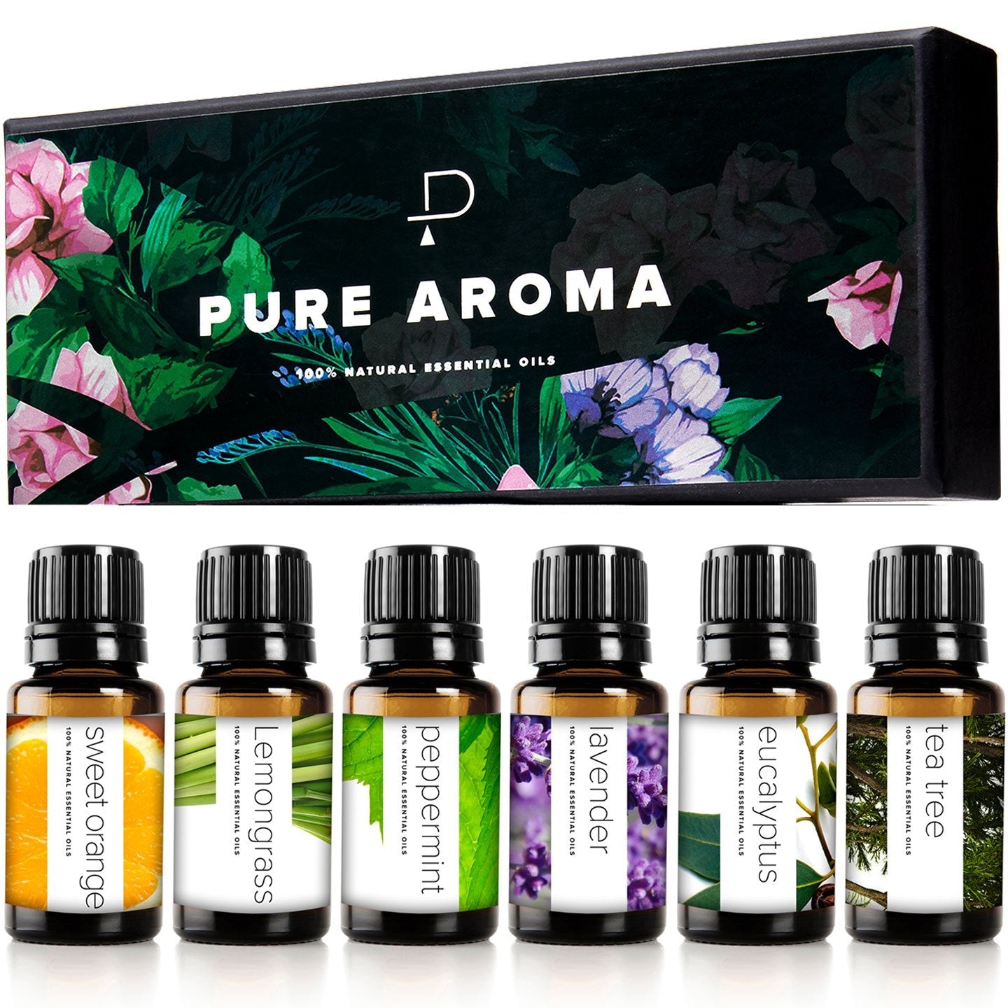 Pure Aroma Essential Oils Set – 6x10ml Aromatherapy Gift Pack (Lavender, Eucalyptus, Lemongrass, Sweet Orange, Peppermint, Tea Tree)