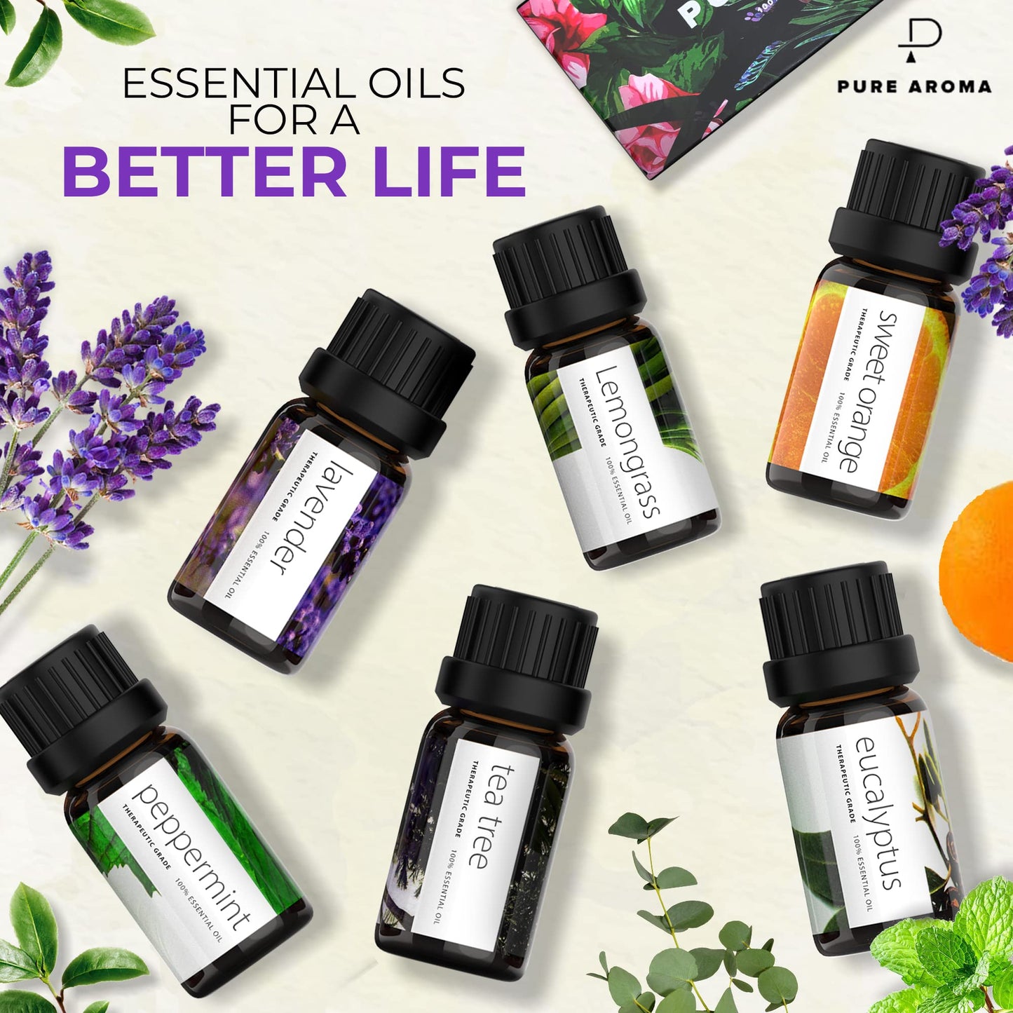 Pure Aroma Essential Oils Set – 6x10ml Aromatherapy Gift Pack (Lavender, Eucalyptus, Lemongrass, Sweet Orange, Peppermint, Tea Tree)