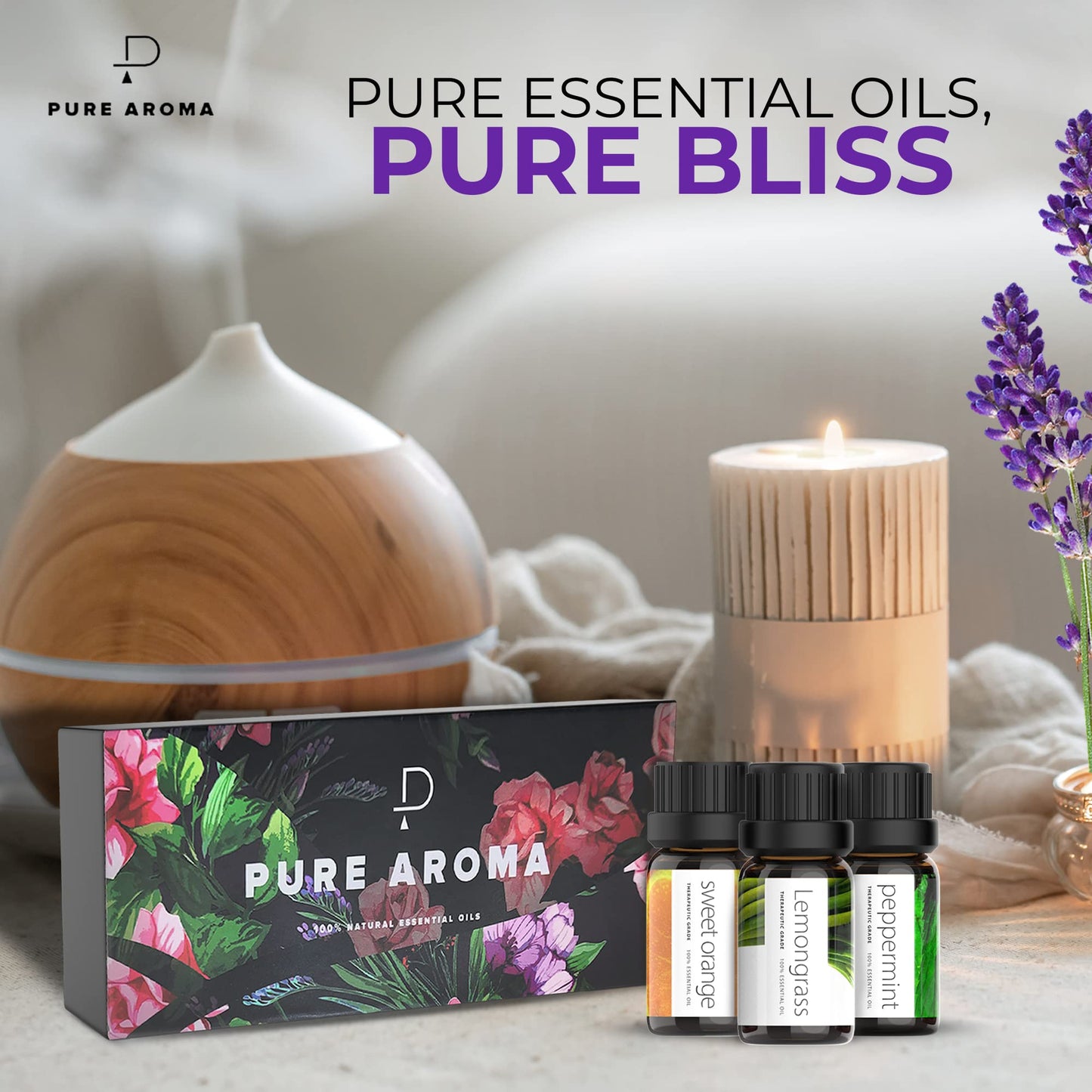 Pure Aroma Essential Oils Set – 6x10ml Aromatherapy Gift Pack (Lavender, Eucalyptus, Lemongrass, Sweet Orange, Peppermint, Tea Tree)