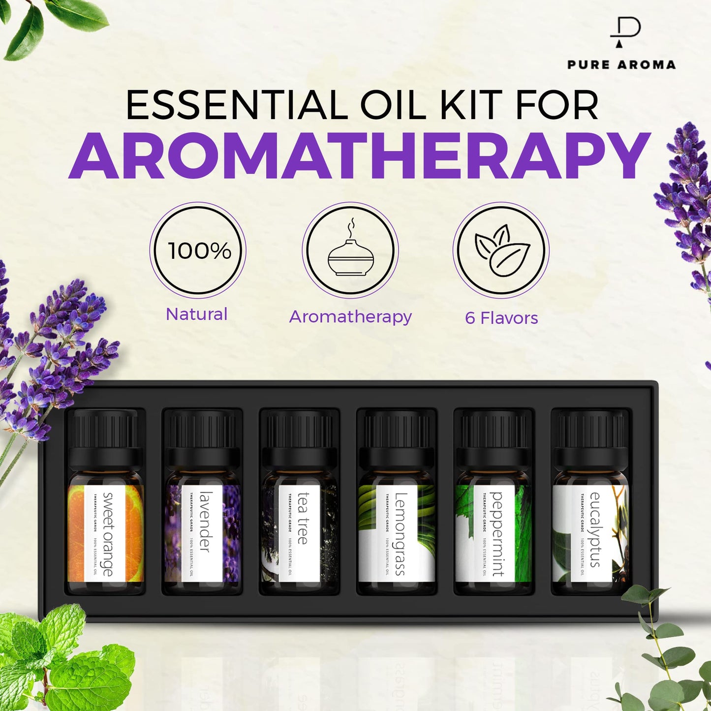 Pure Aroma Essential Oils Set – 6x10ml Aromatherapy Gift Pack (Lavender, Eucalyptus, Lemongrass, Sweet Orange, Peppermint, Tea Tree)