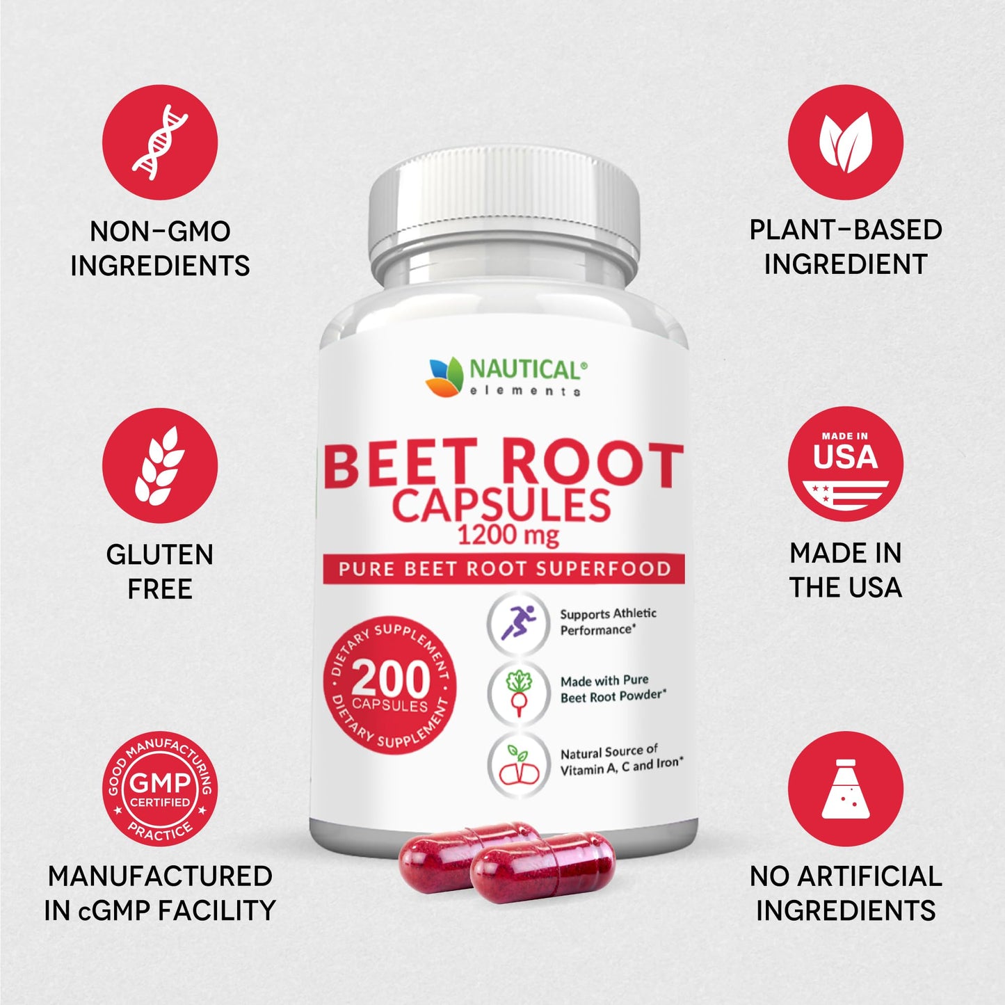 Beet Root Capsules 1200mg per Serving | 200 Capsules | Non-GMO & Gluten Free