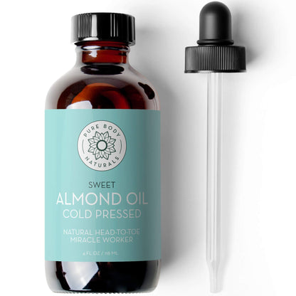 Pure Body Naturals Sweet Almond Oil – 4 oz, Cold Pressed & 100% Pure for Hair, Skin & Nails