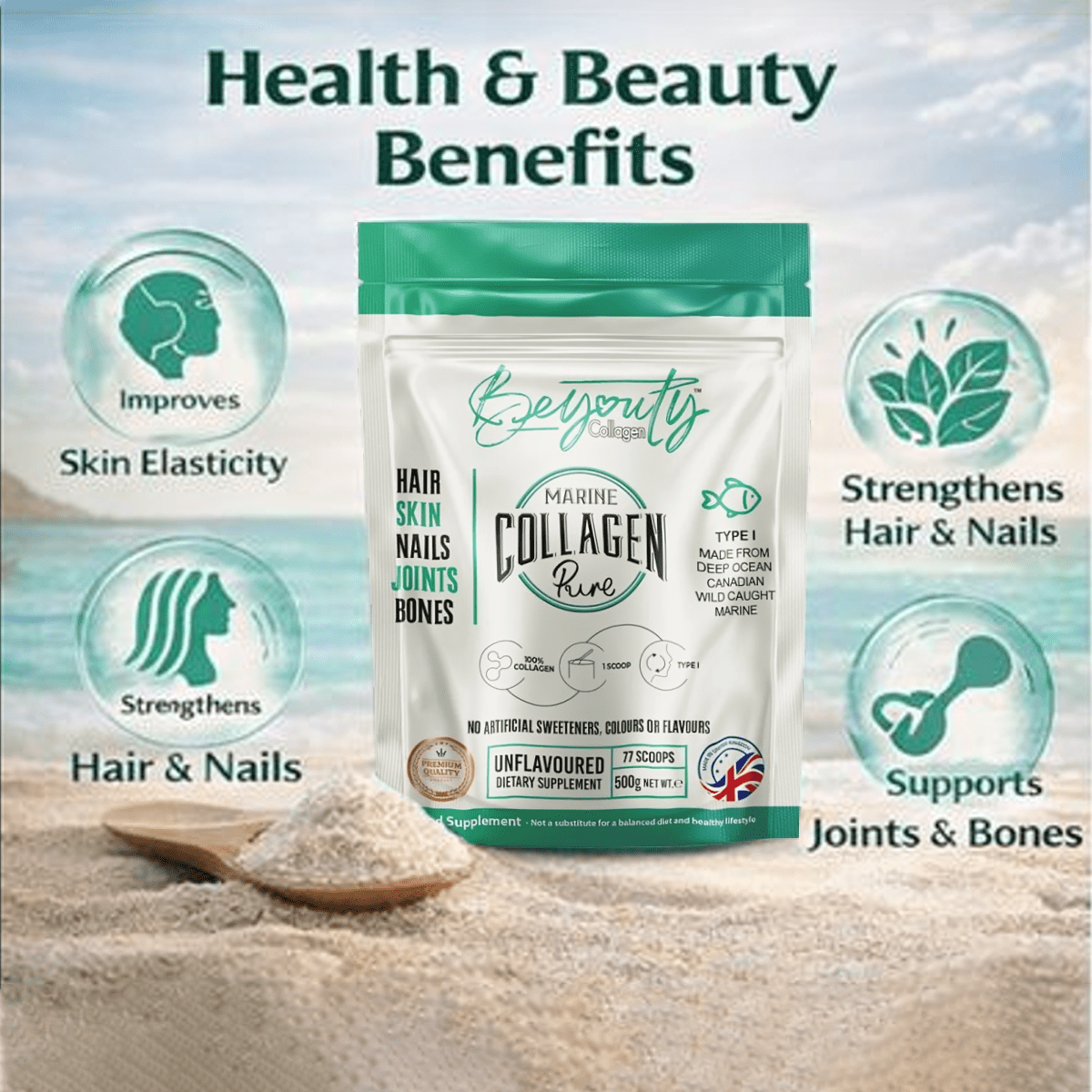 Pure Premium Marine Collagen Hydrolysed Peptides TYPE I - 500g BeYouty Collagen™