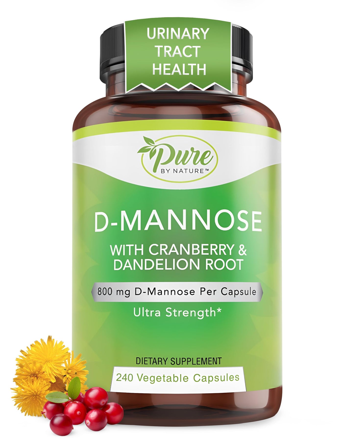 Pure By Nature D-Mannose 600mg Vegan Capsules with Cranberry and Dandelion – 240 Count