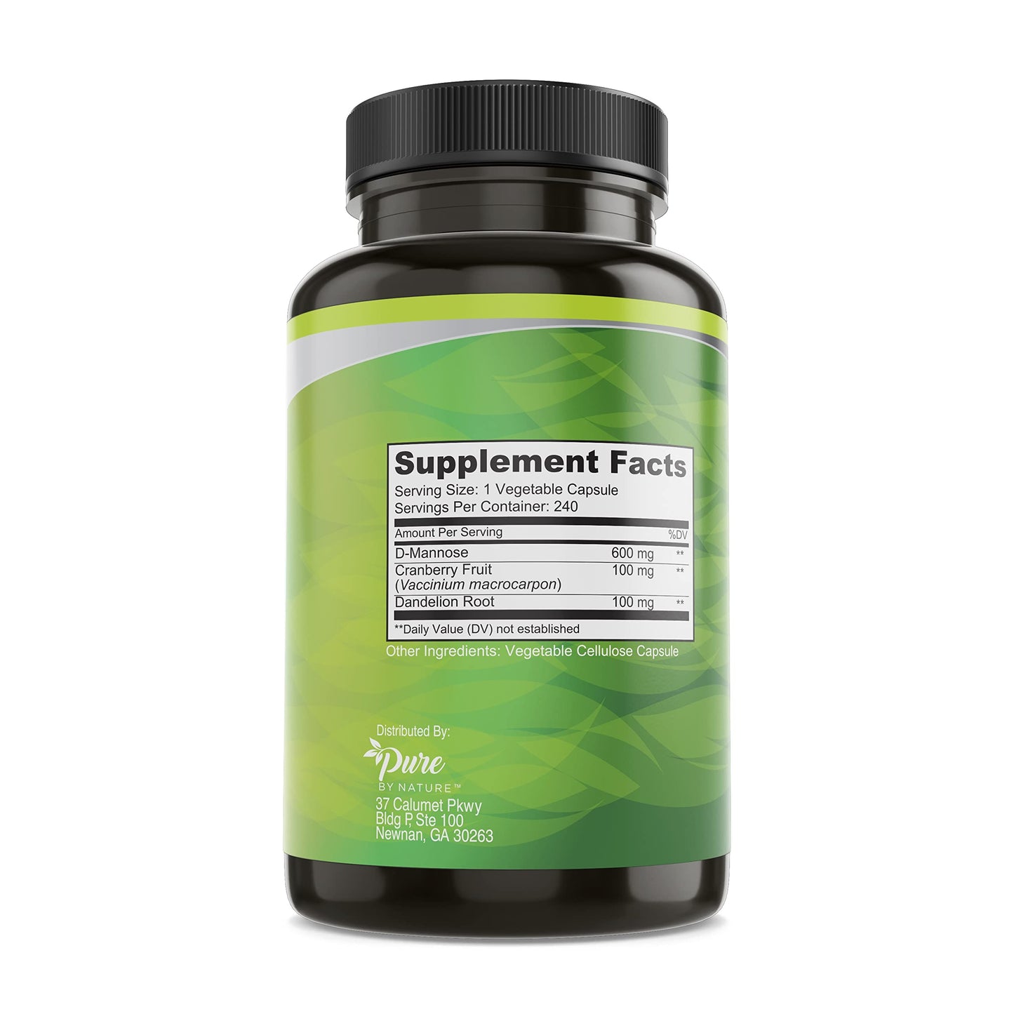 Pure By Nature D-Mannose 600mg Vegan Capsules with Cranberry and Dandelion – 240 Count