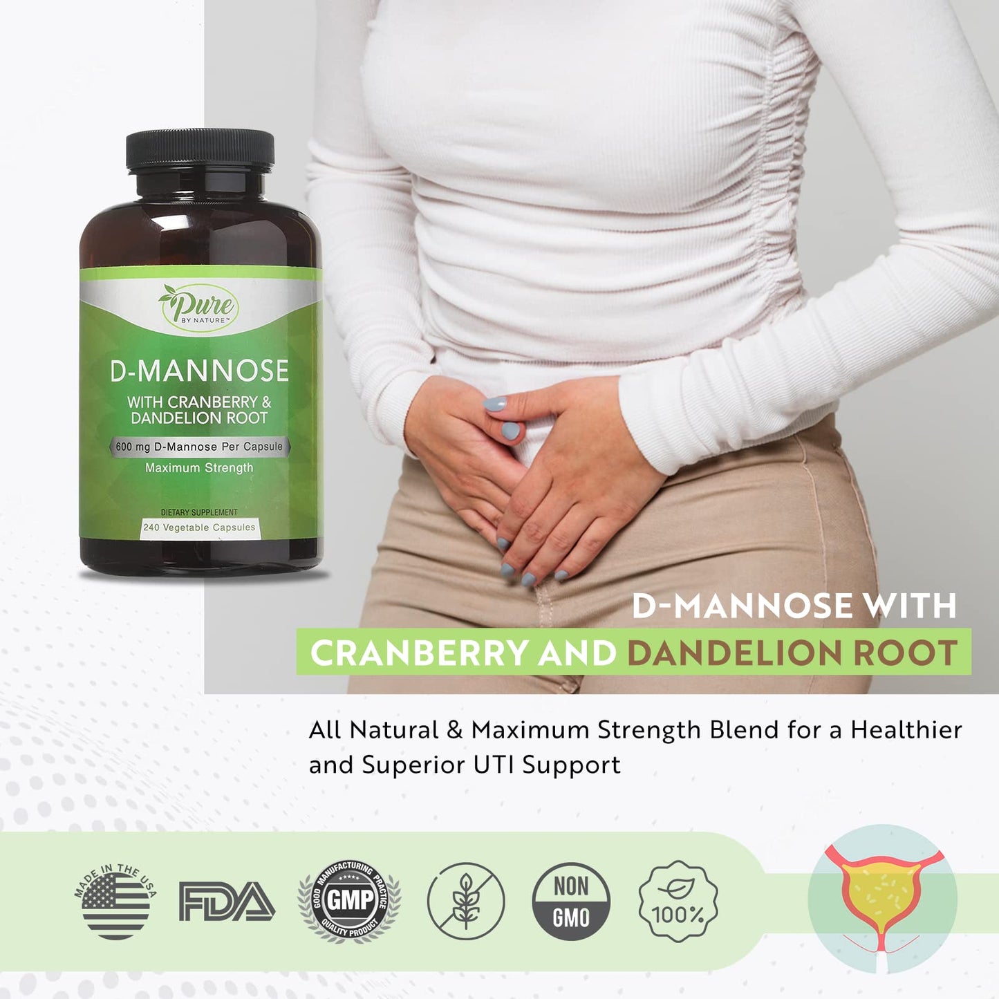 Pure By Nature D-Mannose 600mg Vegan Capsules with Cranberry and Dandelion – 240 Count