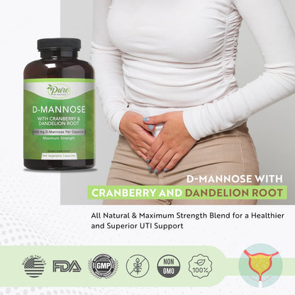Pure By Nature D-Mannose 600mg Vegan Capsules with Cranberry and Dandelion – 240 Count