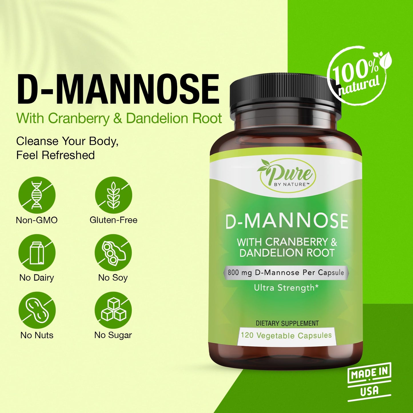 Pure By Nature D-Mannose with Cranberry & Dandelion Root – 120 Count | Natural UTI Relief